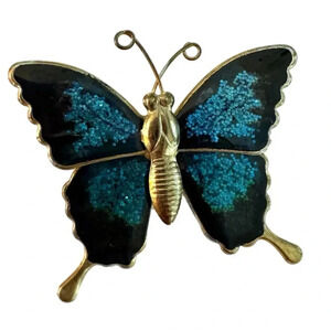 Vintage Northern Blue Butterfly Brooch Sparkle Pin Tin Gold Tone Metal Enamel